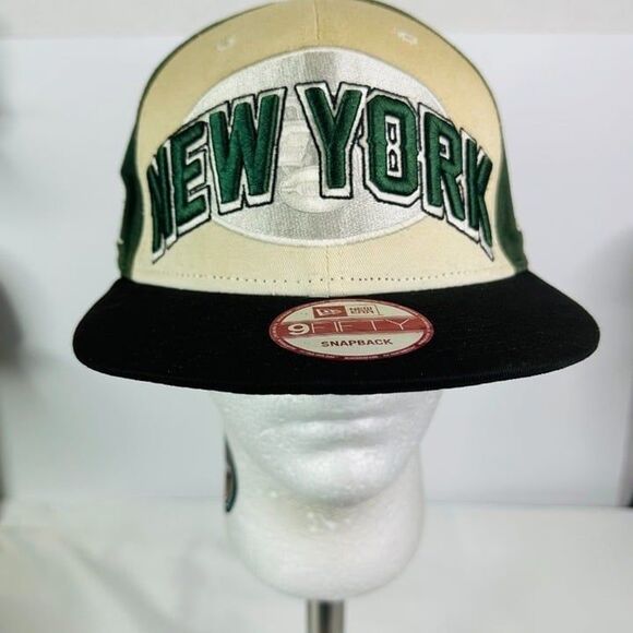 New Era Mens Ivory Green 9Fifty NFL Jets Adjustable Strap Snapback Hat - Picture 2 of 8